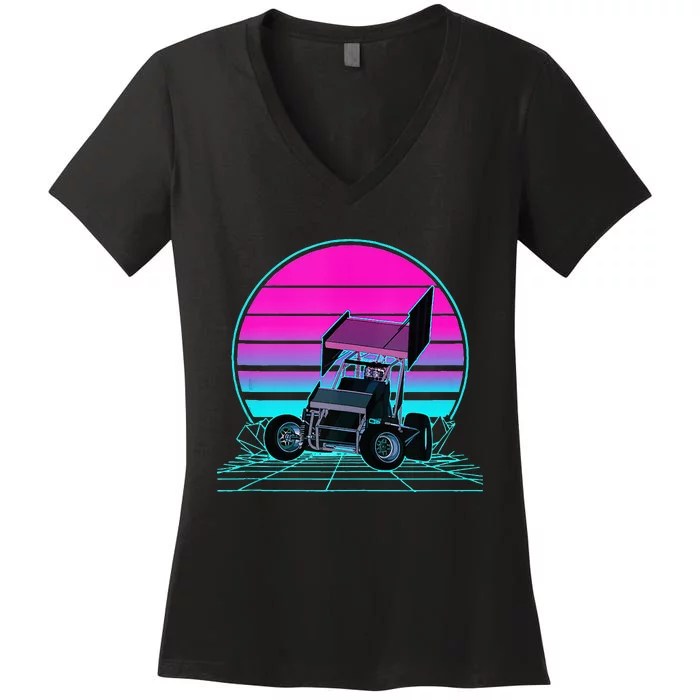 Vintage Retro Sunset Sprint Car Racing Women's V-Neck T-Shirt