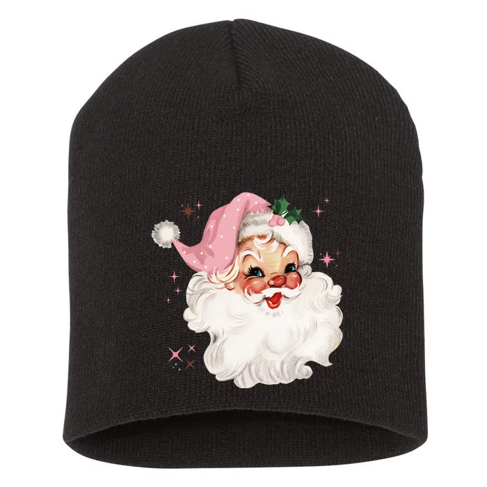 Vintage Retro Santa Chirstmas Pink Hat Claus Short Acrylic Beanie