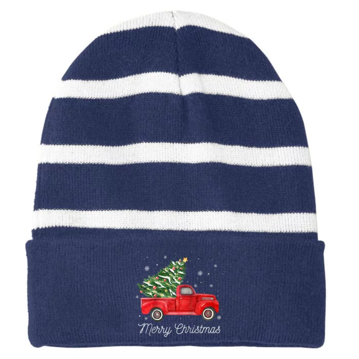 Vintage Red Truck With Merry Christmas Tree Raglan Baseball Striped Beanie with Solid Band