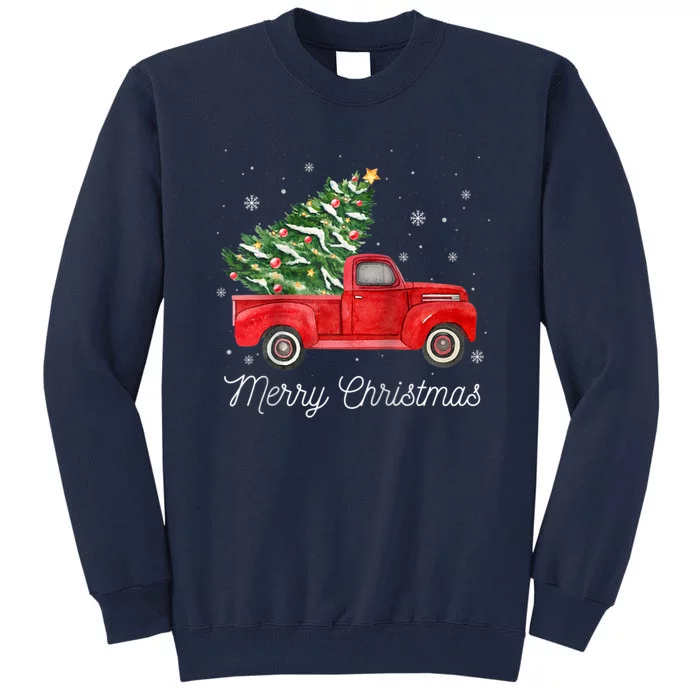 Vintage Red Truck With Merry Christmas Tree Raglan Baseball Tall Sweatshirt