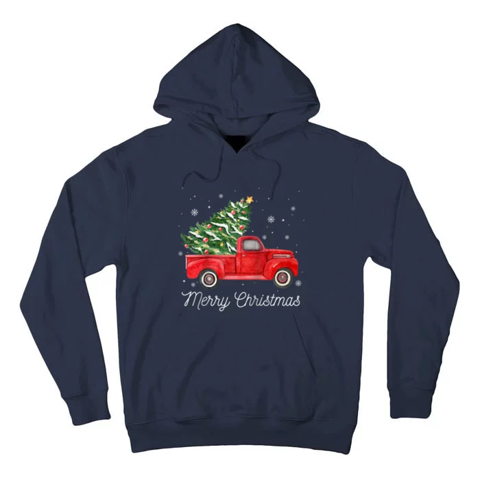 Vintage Red Truck With Merry Christmas Tree Raglan Baseball Tall Hoodie