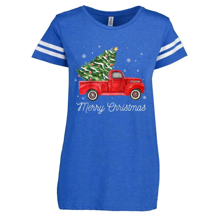 Vintage Red Truck With Merry Christmas Tree Raglan Baseball Enza Ladies Jersey Football T-Shirt