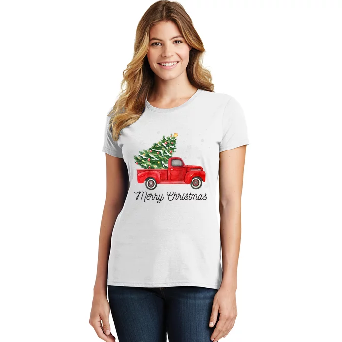 Vintage Red Truck With Merry Christmas Tree Raglan Baseball Women's T-Shirt