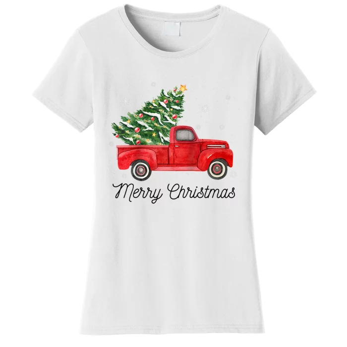 Vintage Red Truck With Merry Christmas Tree Raglan Baseball Women's T-Shirt