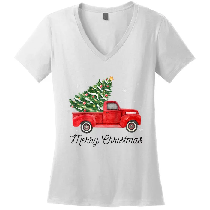 Vintage Red Truck With Merry Christmas Tree Raglan Baseball Women's V-Neck T-Shirt