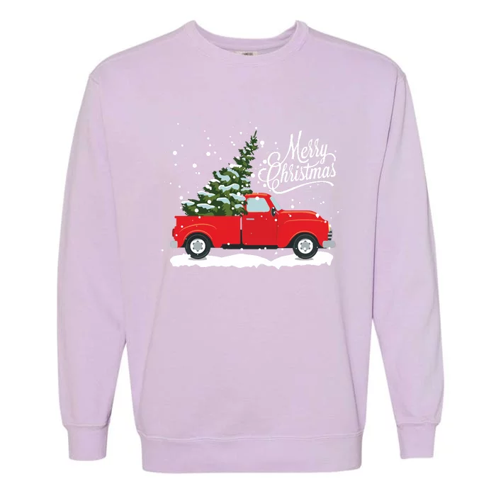 Vintage Red Truck Christmas Tree Long Sleeve Garment-Dyed Sweatshirt