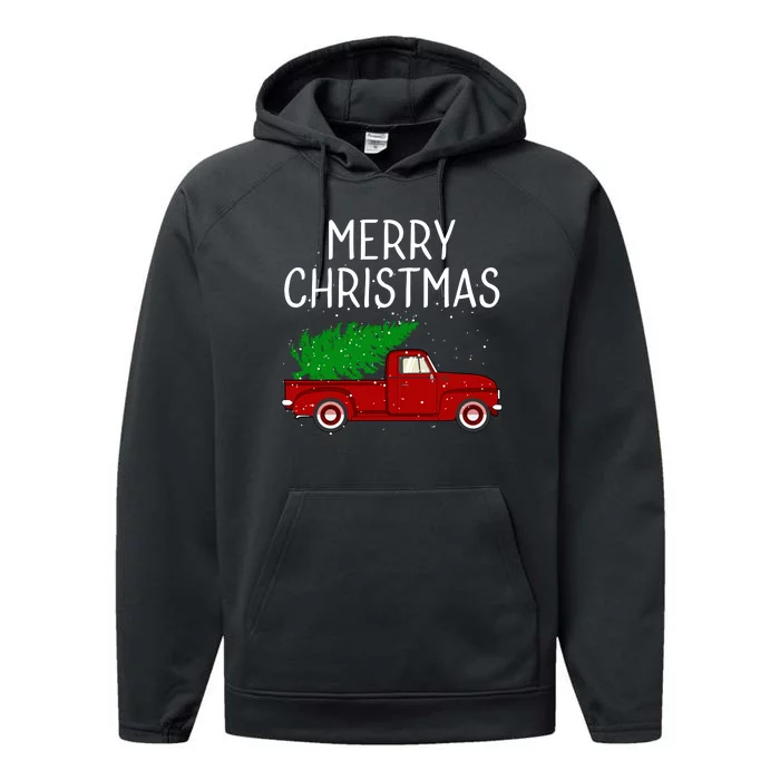 Vintage Red Truck With Merry Christmas Tree Performance Fleece Hoodie