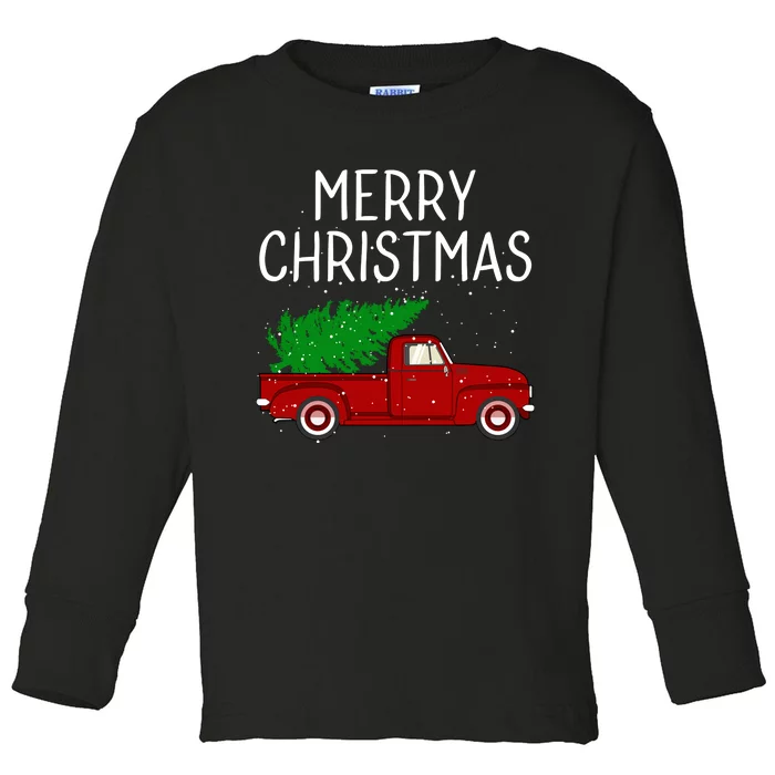 Vintage Red Truck With Merry Christmas Tree Toddler Long Sleeve Shirt