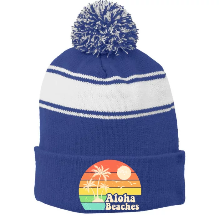 Vintage Retro Tropical Aloha Beahes Stripe Pom Pom Beanie