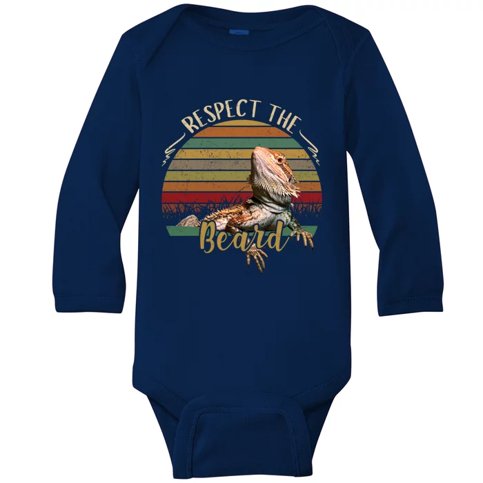 Vintage Respect The Beard Funny Bearded Dragon Lizard Gift Baby Long Sleeve Bodysuit