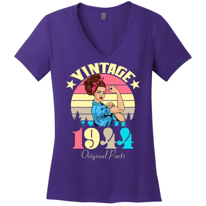 Vintage Rosie The Riveter 1944 Original Parts 80th Birthday Women's V-Neck T-Shirt