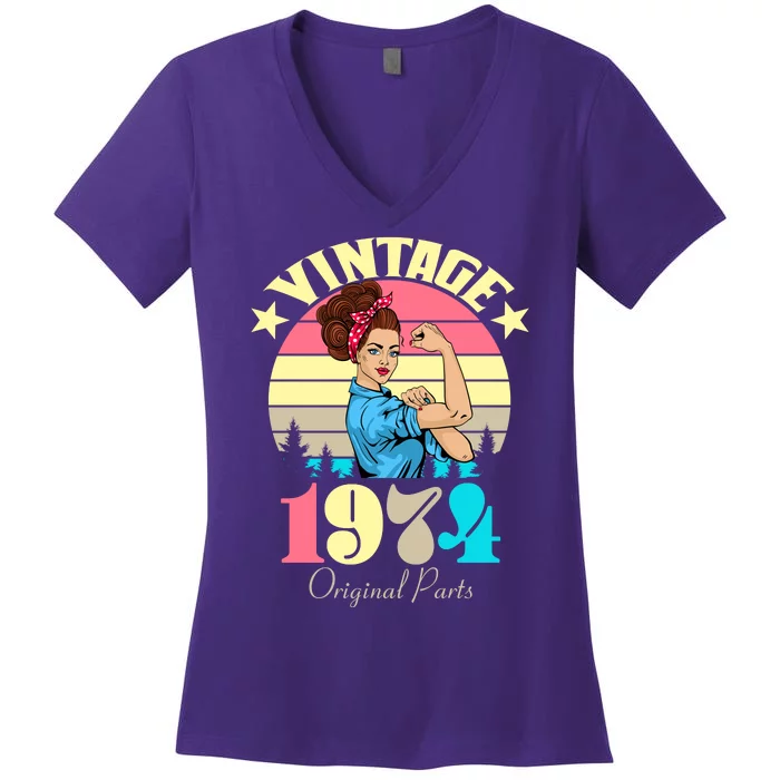 Vintage Rosie The Riveter 1974 Original Parts 50th Birthday Women's V-Neck T-Shirt