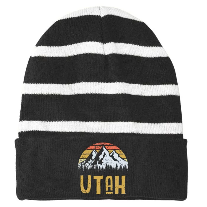 Vintage Retro Ut Utah Us Mountain State Striped Beanie with Solid Band