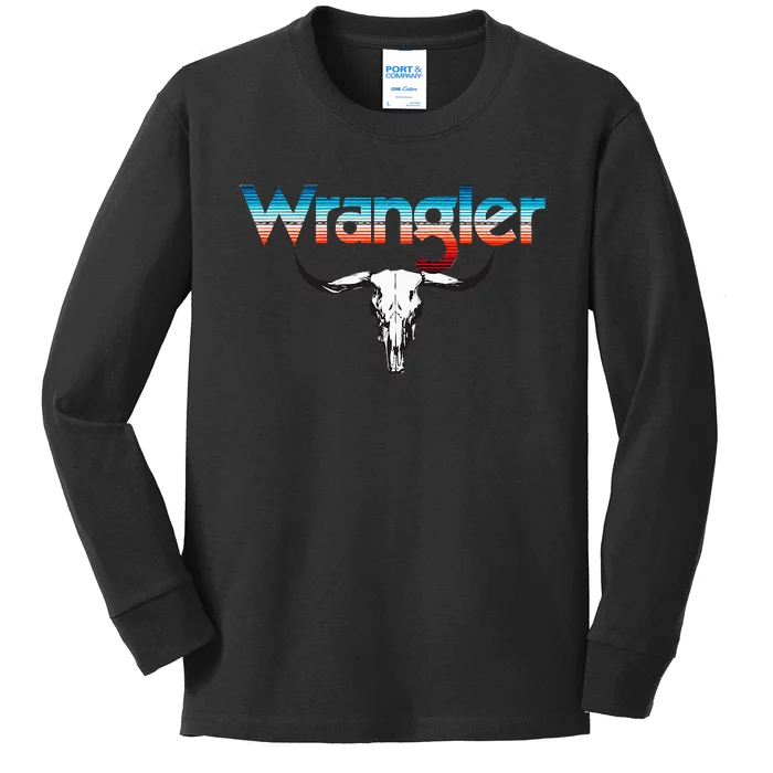 Vintage Rodeo Wrangler Western Cow Skull Cow Print Wrangler Kids Long Sleeve Shirt