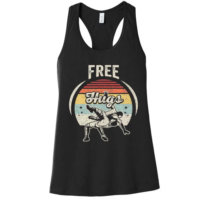 Vintage Retro Wrestling Funny Free Hugs Wrestling Women's Racerback Tank