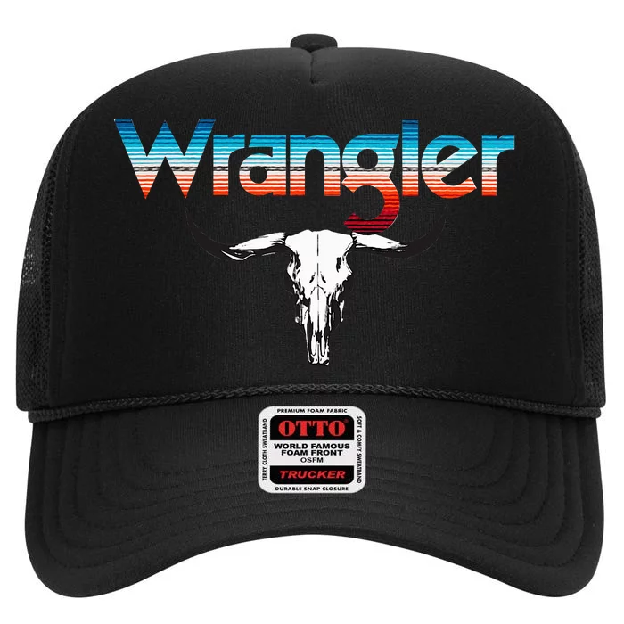 Vintage Rodeo Wrangler Western Cow Skull Cow Print Wrangler High Crown Mesh Trucker Hat