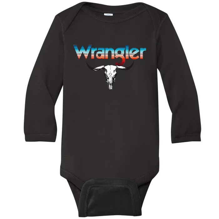 Vintage Rodeo Wrangler Western Cow Skull Cow Print Wrangler Baby Long Sleeve Bodysuit