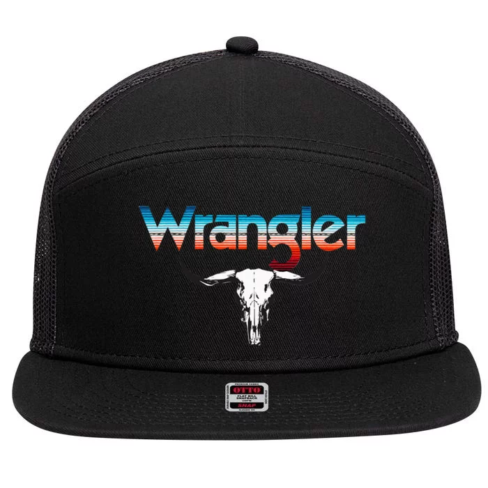 Vintage Rodeo Wrangler Western Cow Skull Cow Print Wrangler 7 Panel Mesh Trucker Snapback Hat