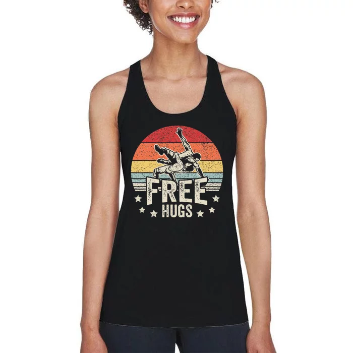 Vintage Retro Wrestling Funny Free Hugs Wrestling Women's Racerback Tank