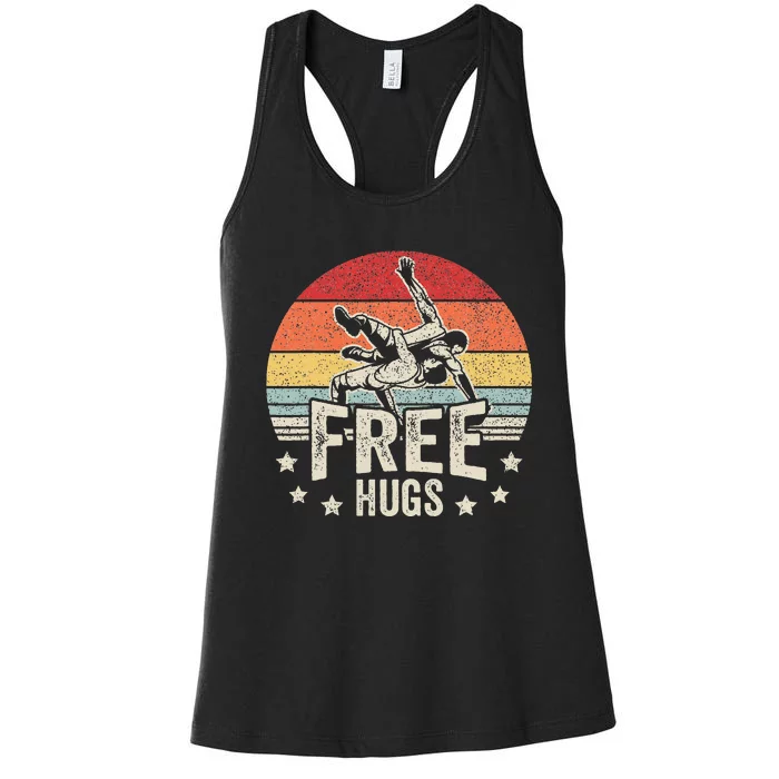 Vintage Retro Wrestling Funny Free Hugs Wrestling Women's Racerback Tank