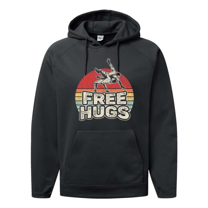 Vintage Retro Wrestling Funny Free Hugs Wrestling Performance Fleece Hoodie