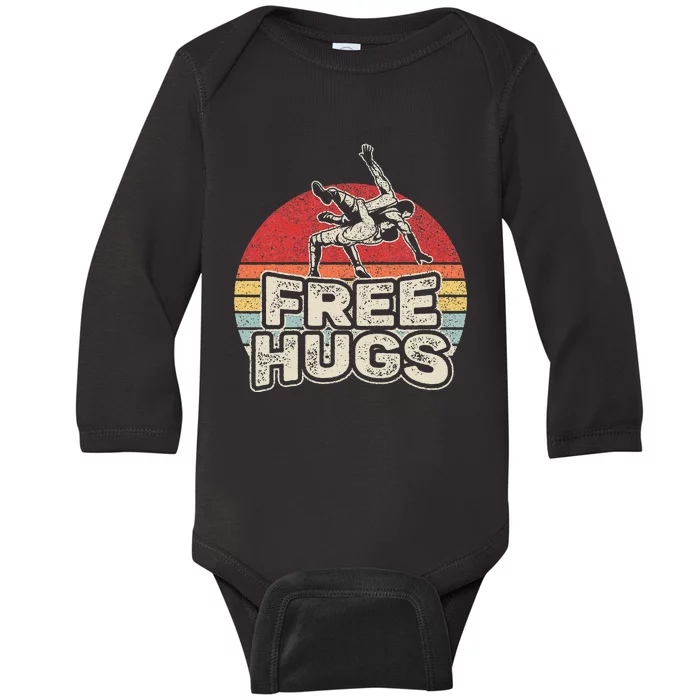 Vintage Retro Wrestling Funny Free Hugs Wrestling Baby Long Sleeve Bodysuit