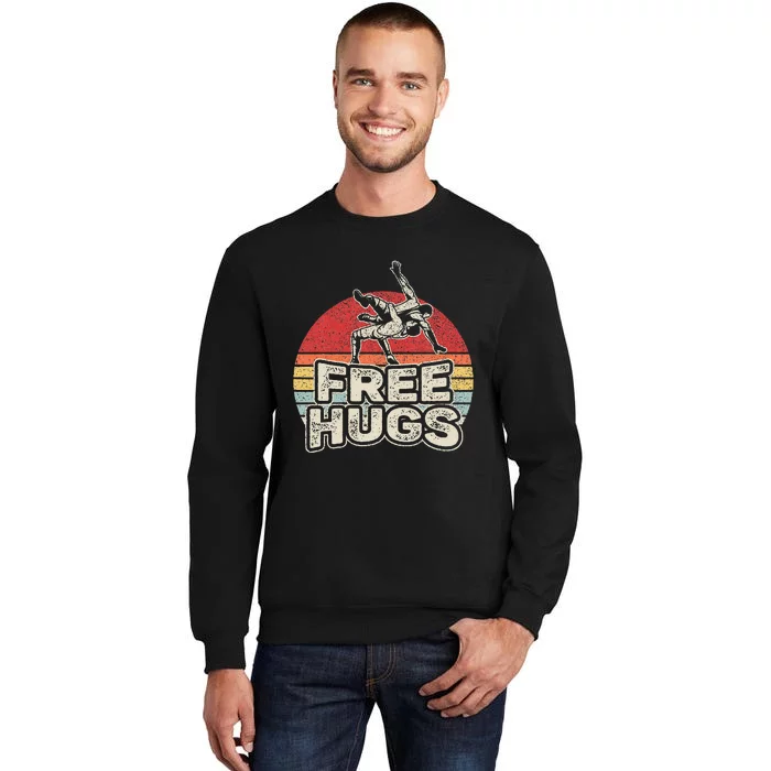 Vintage Retro Wrestling Funny Free Hugs Wrestling Tall Sweatshirt