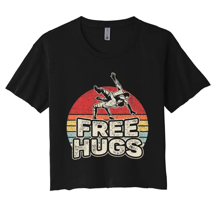 Vintage Retro Wrestling Funny Free Hugs Wrestling Women's Crop Top Tee