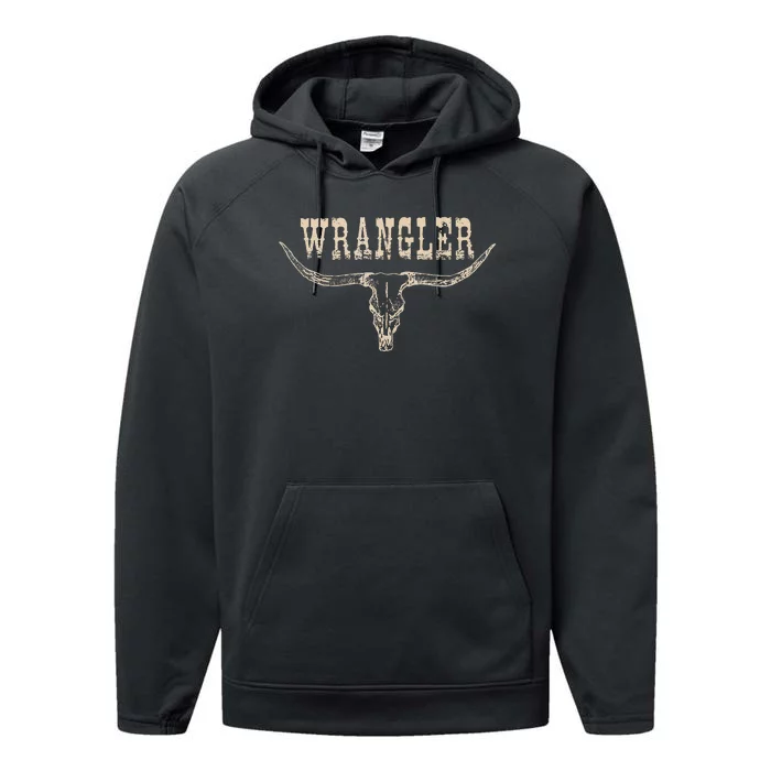 Vintage Rodeo Wrangler Western Cow Skull Cow Print Wrangler Performance Fleece Hoodie