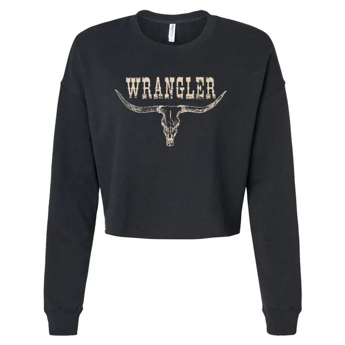 Vintage Rodeo Wrangler Western Cow Skull Cow Print Wrangler Cropped Pullover Crew