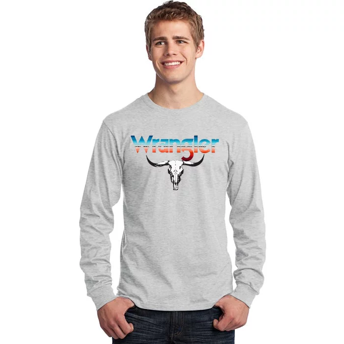 Vintage Rodeo Wrangler Western Cow Skull Cow Print Wrangler Tall Long Sleeve T-Shirt