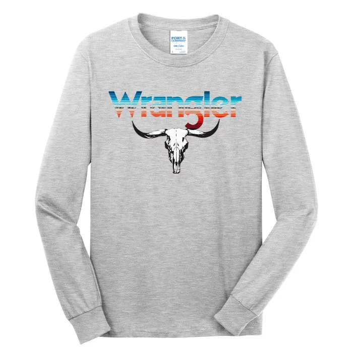 Vintage Rodeo Wrangler Western Cow Skull Cow Print Wrangler Tall Long Sleeve T-Shirt