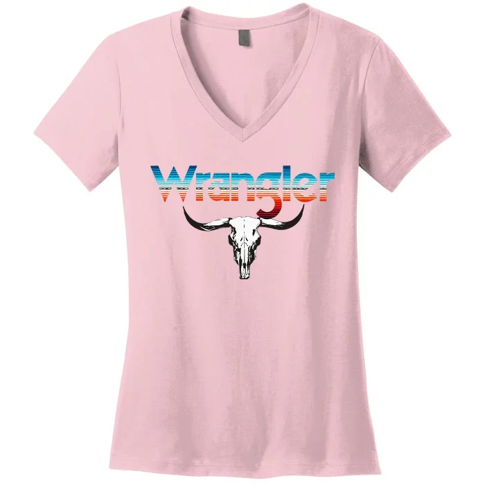 Vintage Rodeo Wrangler Western Cow Skull Cow Print Wrangler Women's V-Neck T-Shirt