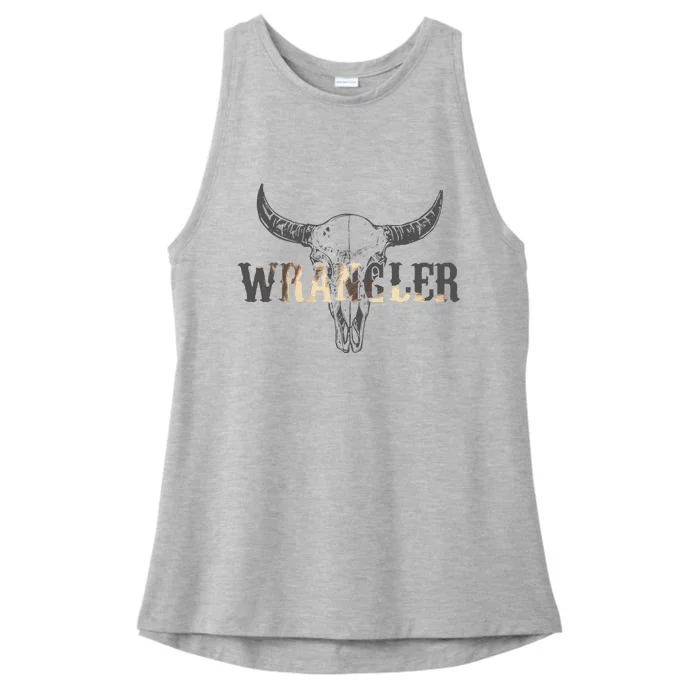 Vintage Rodeo Wrangler Western Cow Skull Cute Outfit Cowboy Ladies Tri-Blend Wicking Tank