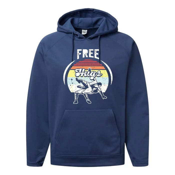 Vintage Retro Wrestling Funny Free Hugs Wrestling Performance Fleece Hoodie