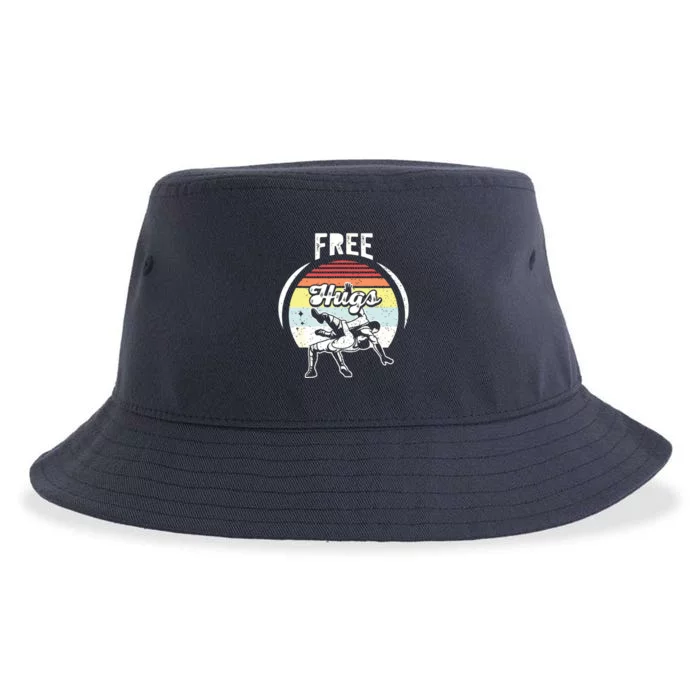 Vintage Retro Wrestling Funny Free Hugs Wrestling Sustainable Bucket Hat