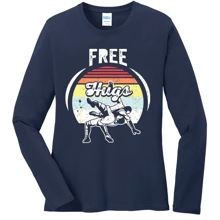 Vintage Retro Wrestling Funny Free Hugs Wrestling Ladies Long Sleeve Shirt