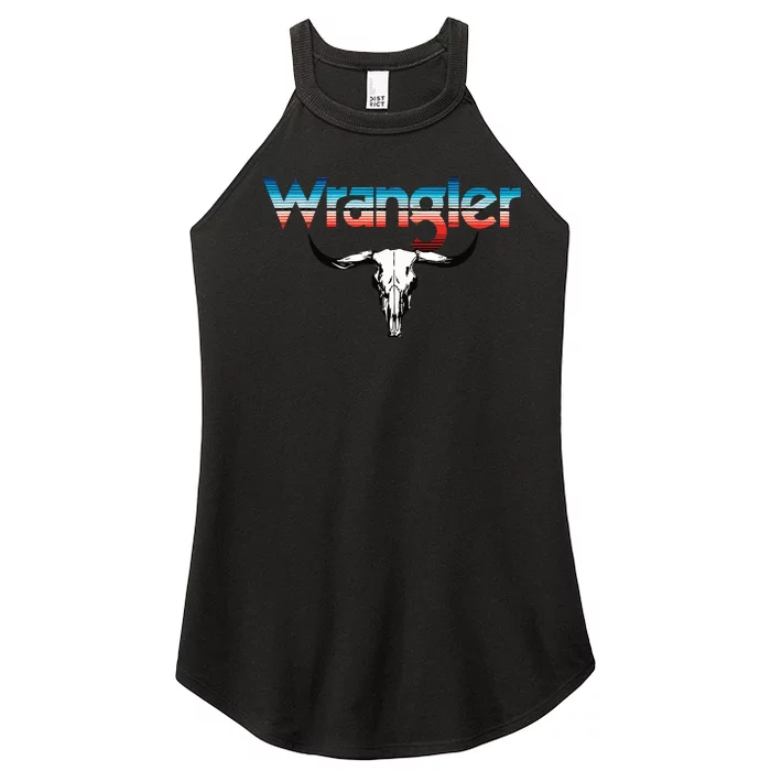 Vintage Rodeo Wrangler Western Cow Skull Cow Print Wrangler Women’s Perfect Tri Rocker Tank