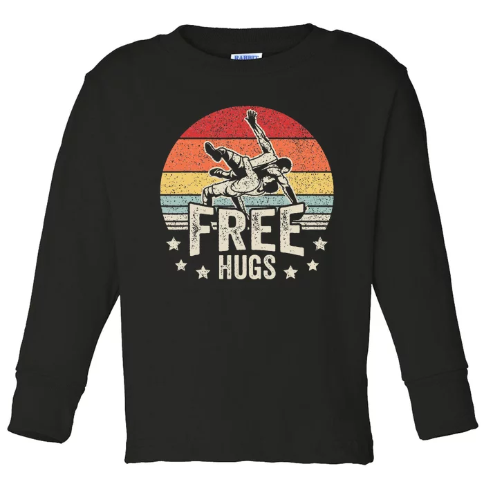 Vintage Retro Wrestling Funny Free Hugs Wrestling Toddler Long Sleeve Shirt