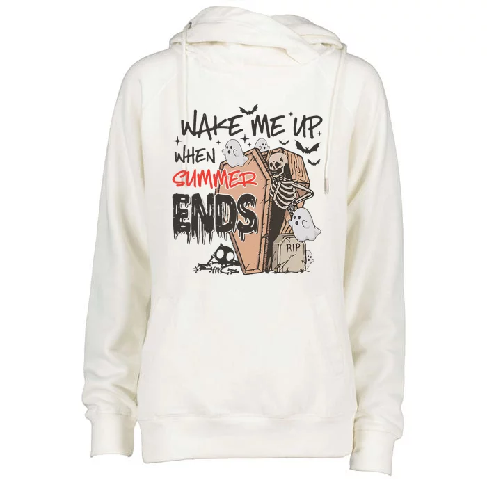 Vintage Retro Wake Me Up When Summer Ends Halloween Vibes Womens Funnel Neck Pullover Hood