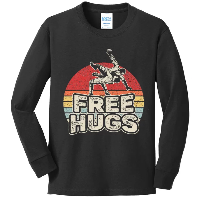 Vintage Retro Wrestling Funny Free Hugs Wrestling Kids Long Sleeve Shirt