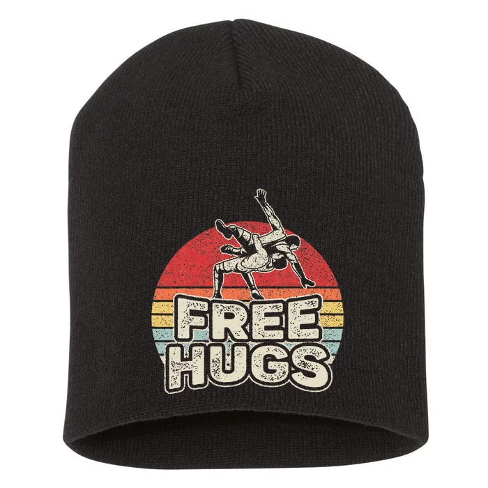 Vintage Retro Wrestling Funny Free Hugs Wrestling Short Acrylic Beanie