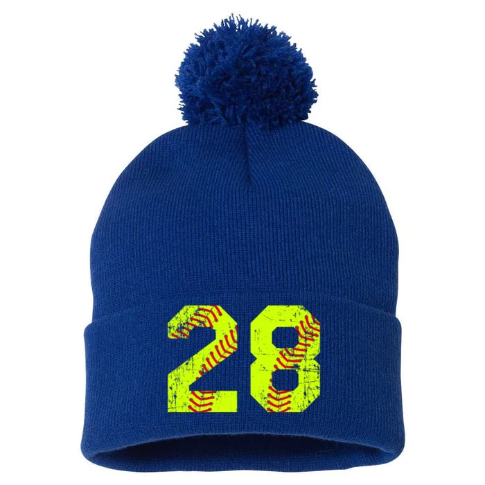 Vintage Softball 28 Jersey Number Gift Pom Pom 12in Knit Beanie