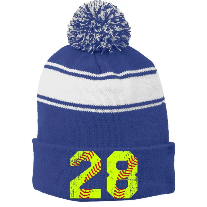 Vintage Softball 28 Jersey Number Gift Stripe Pom Pom Beanie