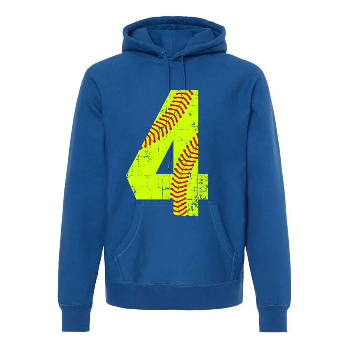 Vintage Softball 4 Jersey Number Gift Premium Hoodie