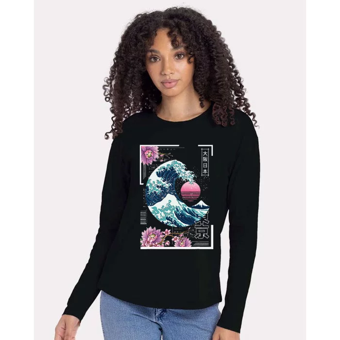 Vaporwave Synthwave 80's Japan Japanese Great Wave Tokyo 80s Womens Cotton Relaxed Long Sleeve T-Shirt