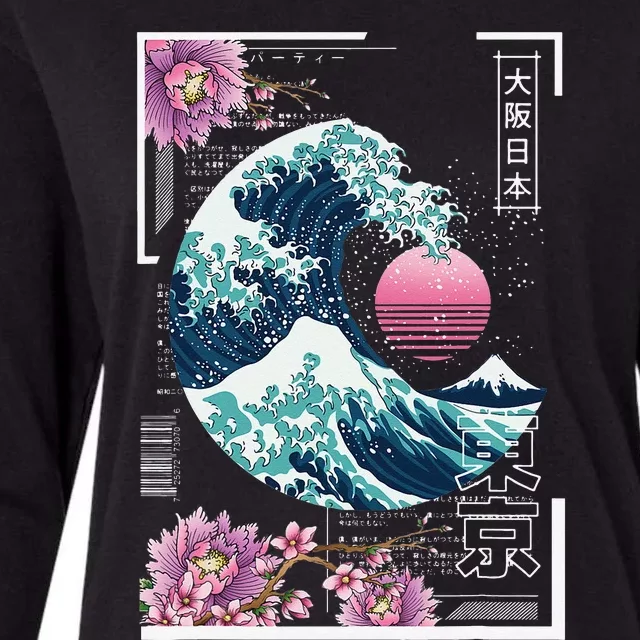 Vaporwave Synthwave 80's Japan Japanese Great Wave Tokyo 80s Womens Cotton Relaxed Long Sleeve T-Shirt