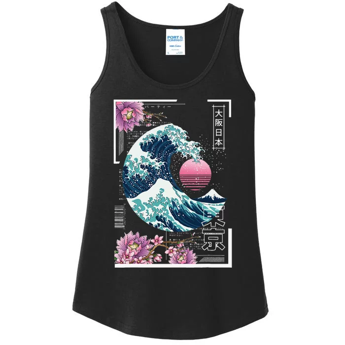 Vaporwave Synthwave 80's Japan Japanese Great Wave Tokyo 80s Ladies Essential Tank