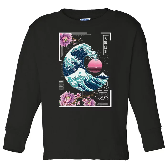 Vaporwave Synthwave 80's Japan Japanese Great Wave Tokyo 80s Toddler Long Sleeve Shirt