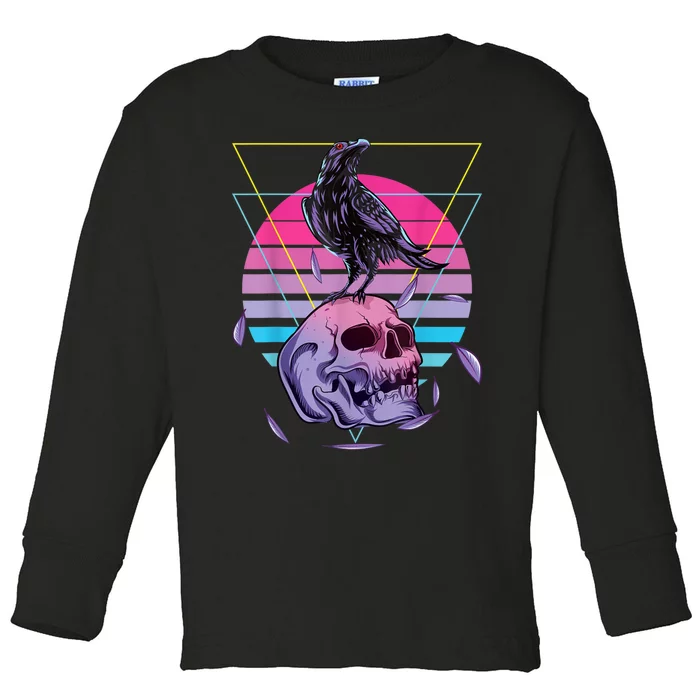 Vaporwave Skull And Crow Retro Aesthetic Pastel Goth Art Toddler Long Sleeve Shirt